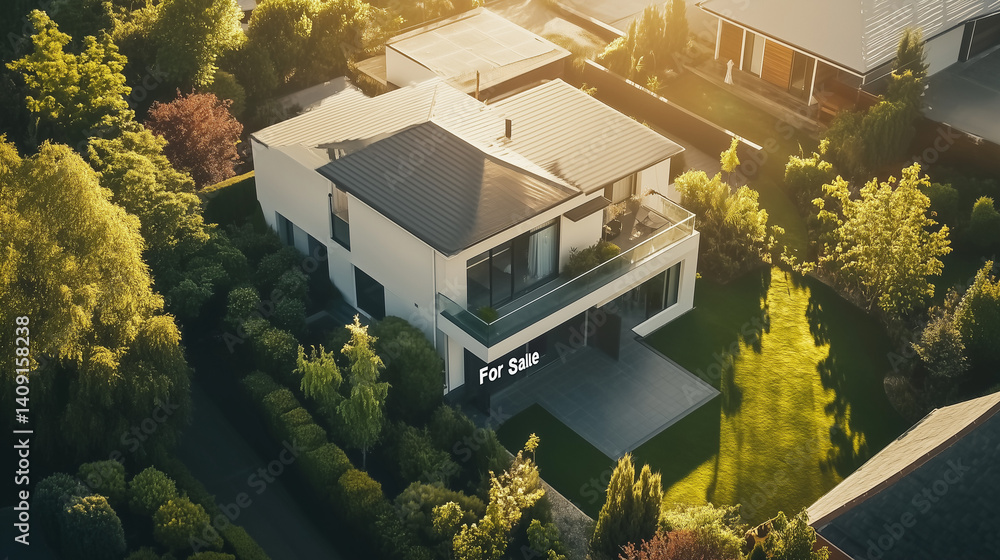 Modern suburban house with for sale sign in front yard, aerial top down view of residential property surrounded by trees and greenery. Real estate and home ownership concept.