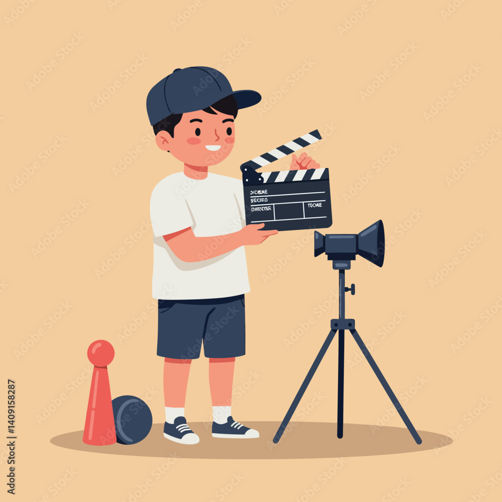Young boy holding a clapperboard while setting up a camera on a tripod in a playful flat vector illustration