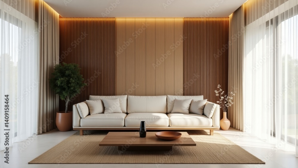 Fototapeta premium Contemporary living room space with minimalist design and elegant decorative touches for a chic atmosphere