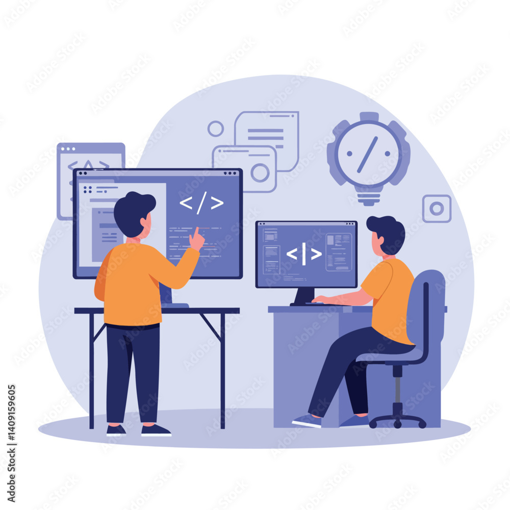 Two young male programmers working on coding tasks in a modern office setting with flat design vector art Two young male programmers working on coding tasks in a modern office setting with flat design vector art