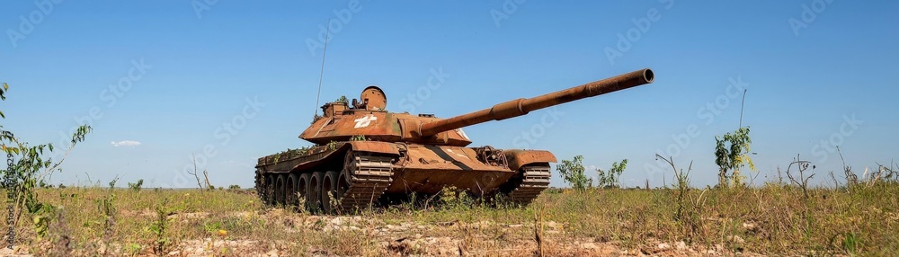 Desolate Post-Apocalyptic World of Destruction and Isolation, A tank positioned in an open field under a clear blue sky.