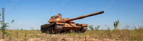Desolate Post-Apocalyptic World of Destruction and Isolation, A tank positioned in an open field under a clear blue sky.