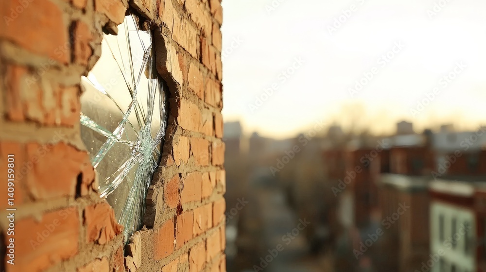 Desolate Post-Apocalyptic World of Destruction and Isolation, Broken window in a brick wall, revealing an urban landscape beyond at sunset.
