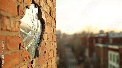 Desolate Post-Apocalyptic World of Destruction and Isolation, Broken window in a brick wall, revealing an urban landscape beyond at sunset.