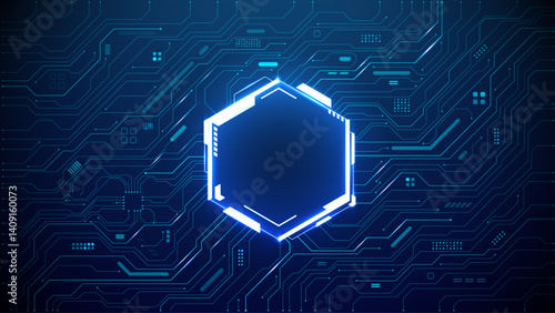 Technology quantum blue AI portal on circuit motherboard with thin line glowing wires. Tech background. Chip concept. Abstract light neon hexagon frame HUD. Computer digital bg. Vector illustration