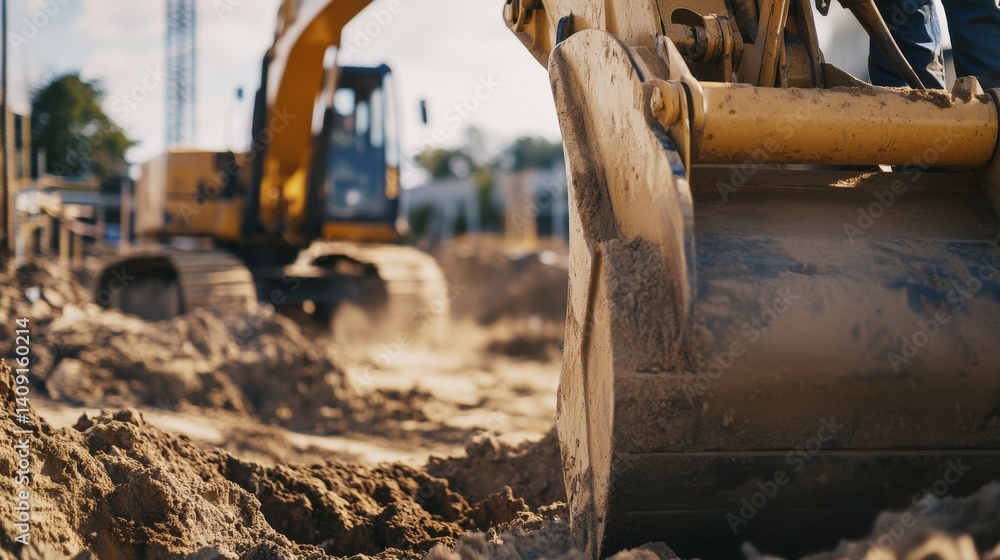 Fototapeta premium Construction worker operating a backhoe on a construction site. Featuring heavy machinery and skill