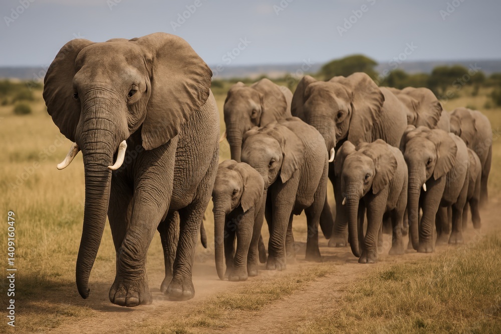 Obraz premium a majestic herd of African elephants walking through an open savanna