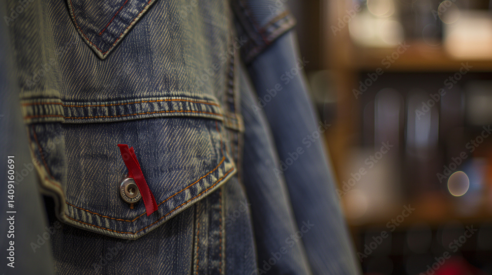 Red ribbon pinned on denim jacket symbolizing rare disease awareness, support and solidarity for medical research and healthcare advocacy.