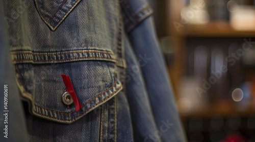Obraz na płótnie Red ribbon pinned on denim jacket symbolizing rare disease awareness, support and solidarity for medical research and healthcare advocacy. w salonie