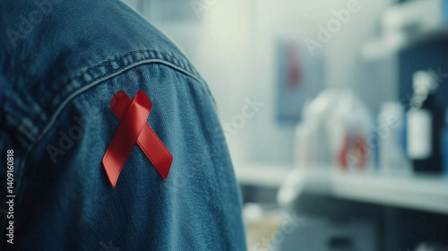 Obraz na płótnie Red ribbon pinned on denim jacket symbolizing rare disease awareness, support and solidarity for medical research and healthcare advocacy. w salonie