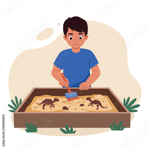 Young boy enthusiastically uncovering dinosaur fossils in a sandbox, colorful and playful design style, engaging in a fun educational activity, vector illustration