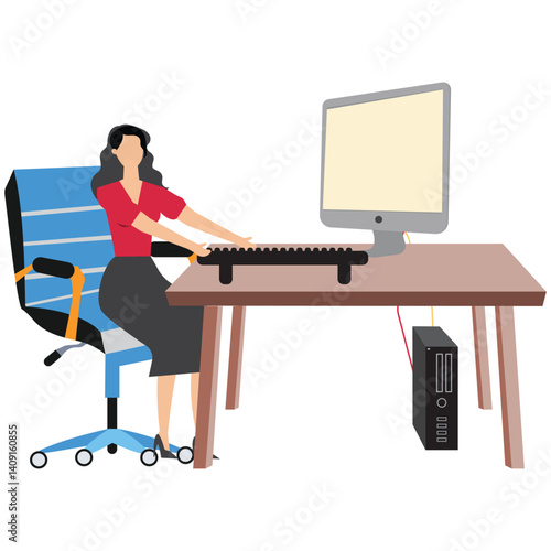 Working male character employee in office sitting at table with computer, typing on keyboard