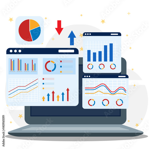 Business graph and diagram for information and report analysis on the laptopn screen concept. Market research, product testing and data analysis on modern flat design. 