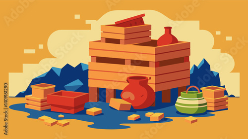 Stacked crates and broken pottery lay strewn about in a messy display of overturned market stalls symbolizing the collapse of a once thriving marketplace.. Vector illustration