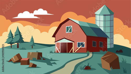 An abandoned farmhouse with broken windows and a tilting silo a reminder of the devastating effects of lack of food and resources.. Vector illustration