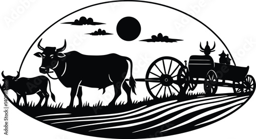 Traditional plowing scene in silhouettes (with oxen or plow machine), circular background with rising sun or moon
