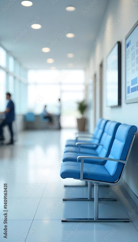 Generative AI: Modern hospital waiting area with blue chairs and soft lighting Generative AI: Modern hospital waiting area with blue chairs and soft lighting