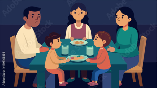 As a natural disaster rages outside a family huddles together around an empty dinner table unable to escape the devastation that has left them without access to food.. Vector illustration