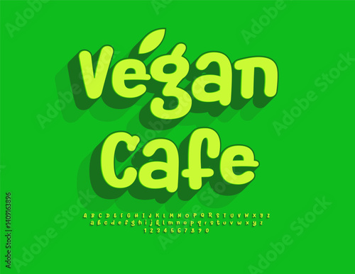 Vector Eco flyer Vegan Cafe. Green Handwritten Font. Bright Isometric Alphabet Letters and Numbers set.