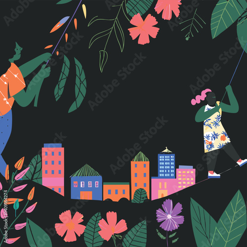 Boho Floral Collage with Centered Circle Text Area