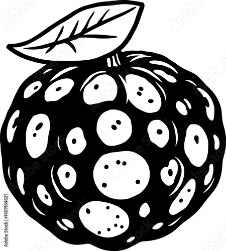 Stylized Black And White Drawing Of A Unique Fruit With Leaf