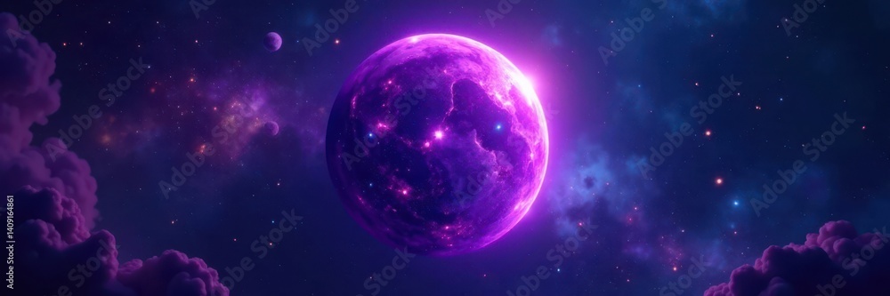Glowing purple planet surrounded by stars and galaxies, cosmic, astronomy Glowing purple planet surrounded by stars and galaxies, cosmic, astronomy