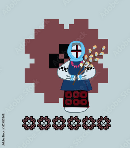 Ukrainian motanka doll with willow branches, traditional folk rag doll in festive clothing on embroidery pattern background. Flat vector Easter illustration.