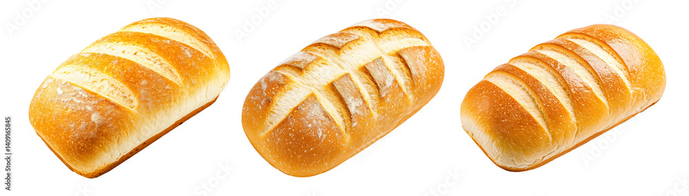 Set of loaf of white bread showing its golden crust and soft interior, isolated on white transparent background. Set of loaf of white bread showing its golden crust and soft interior, isolated on white transparent background.