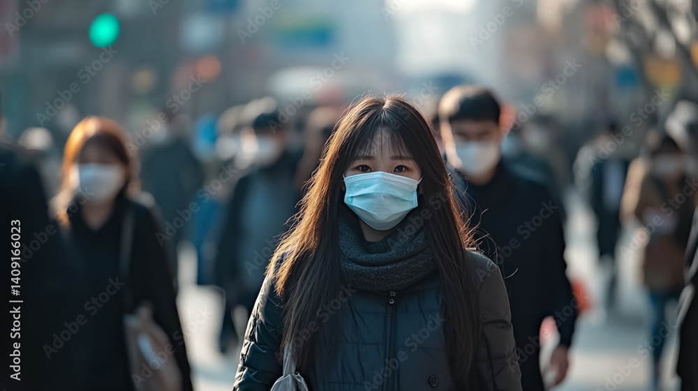 People in a busy city are wearing masks to protect themselves from poor air quality caused by pollution. People in a busy city are wearing masks to protect themselves from poor air quality caused by pollution.
