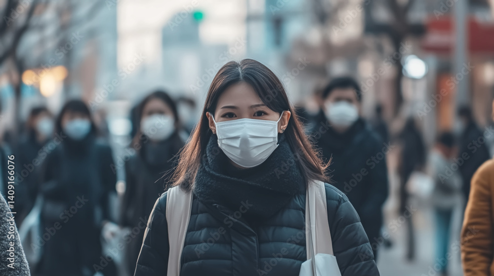 People in a busy city are wearing masks to protect themselves from poor air quality caused by pollution. People in a busy city are wearing masks to protect themselves from poor air quality caused by pollution.
