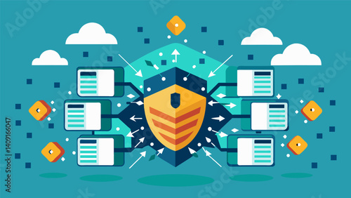 A swarm of data packets transforming into a solid wall of imtrable digital encryption.. Vector illustration