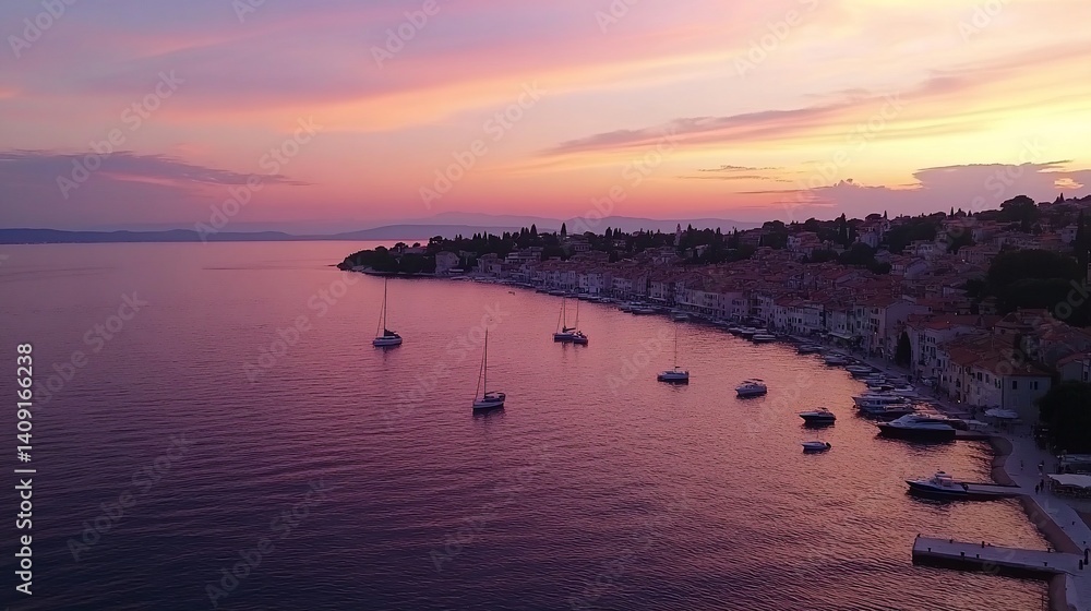 Fototapeta premium Coastal town harbor at sunset, yachts in marina, vibrant colors