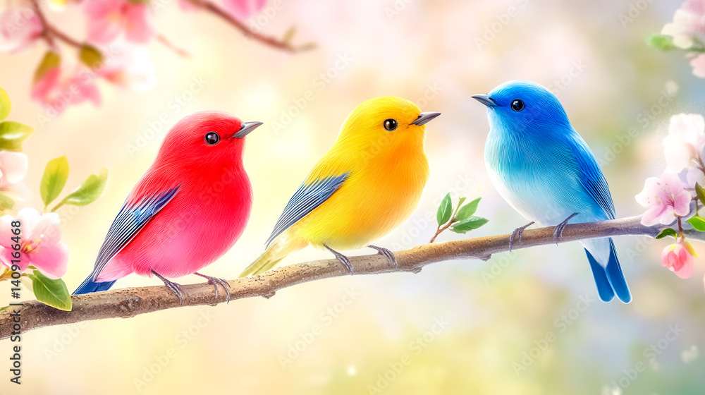 Obraz premium Colorful birds perched on a blooming branch in spring