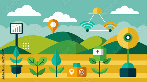 Sensors p throughout the fields gather information on temperature humidity and soil pH providing farmers with a comprehensive understanding of their crops health.. Vector illustration