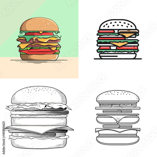 Burger illustrations in color, outline, and monochrome styles. Perfect for food packaging, restaurant branding, menus, coloring books, infographic assets, and burger-themed designs.

