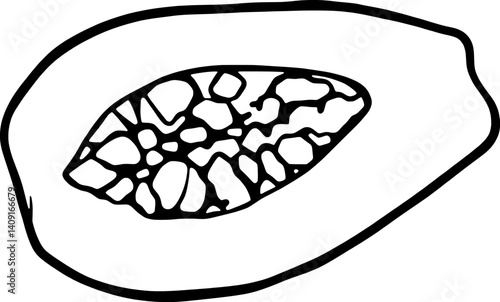Halved Papaya Illustration A Detailed Drawing Of A Ripe Orange Papaya Fruit Sectioned Revealing Its Bla