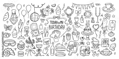 Large birthday doodle set. Collection of vintage holiday items. Whimsical hand-drawn Sketch party decoration, gift box, cake glass. Background in coquette aesthetic style. Vector outline illustration.