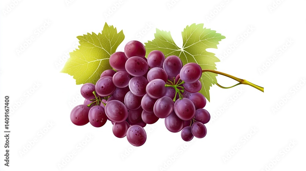 Obraz premium Fresh and Juicy Grapes with Vibrant Green Leaves Against a White Background