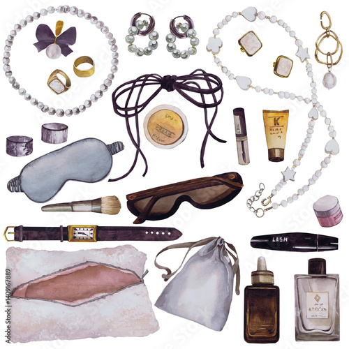 Watercolor illustrations of beautiful women's accessories. Hand-drawn set of isolated llustration on a white background. Stylish and realistic pictures of jewelry, makeup items and cosmetics for