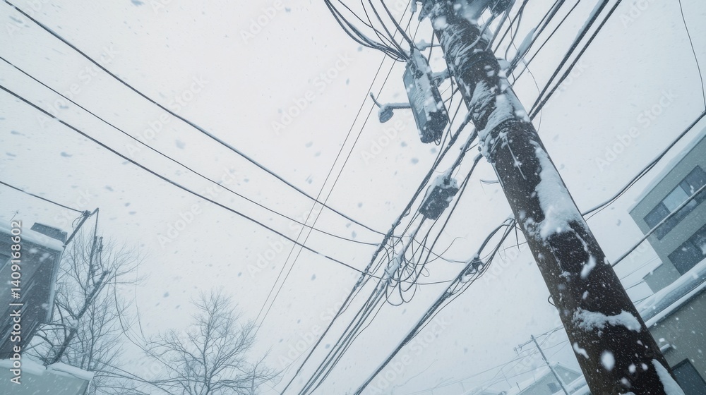 A snowstorm causing a collapse of power lines in a city. Featuring freezing destruction and isolation