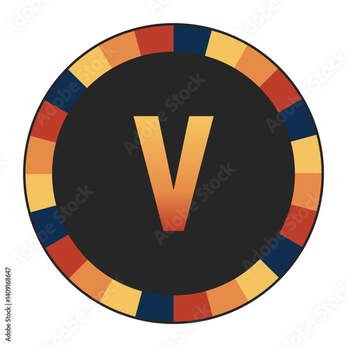 Gradient lowercase Letter v in Warm Orange, Red, and Yellow with Circular Frame in Blue, Red, and Yellow Tones, enclosed in a black frame.