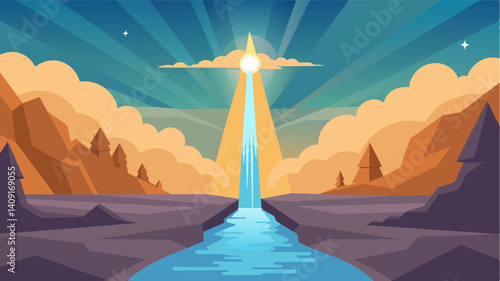 As the first rays of sunlight peek through the clouds a formation of eVTOLs gracefully ascend from the surface of a crystalclear river.. Vector illustration