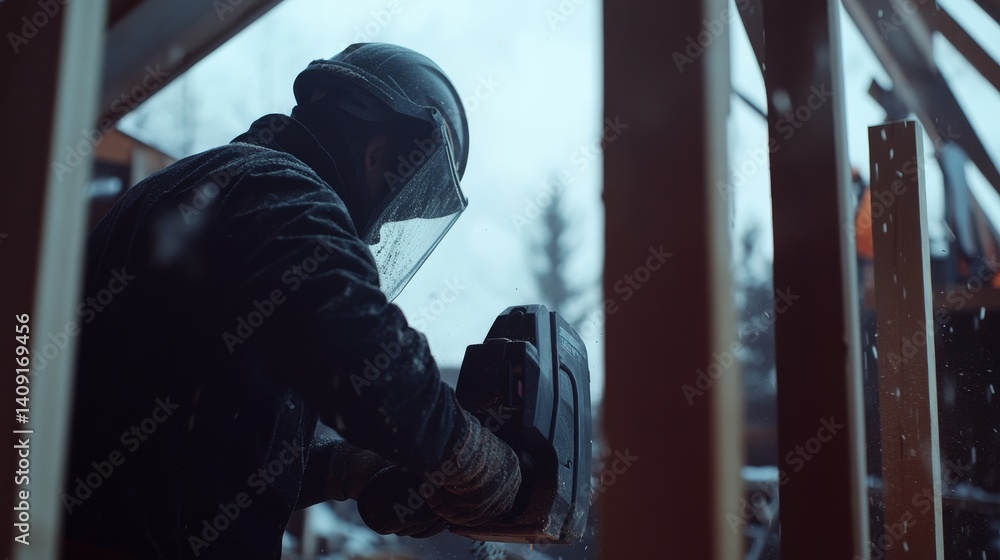 Construction worker operating a power saw to cut through wood. Featuring accuracy and safety Construction worker operating a power saw to cut through wood. Featuring accuracy and safety