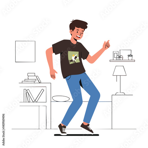 Joyful Skateboarder in Room: A dynamic illustration of a skateboarder riding within a stylized interior, capturing a moment of energetic freedom and playful movement, all in a crisp and clean style.