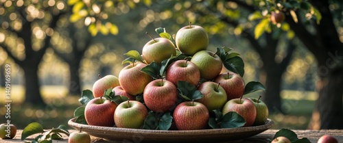 Apples on a plate and some apple trees as background.
