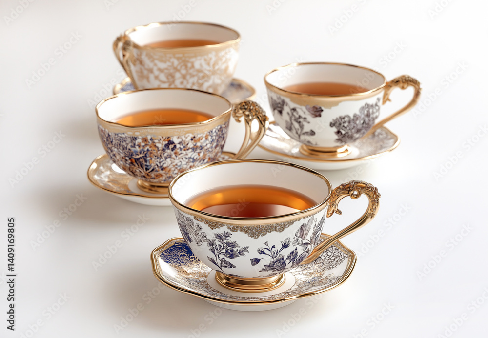 Elegant porcelain tea cups with tea Elegant porcelain tea cups with tea