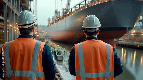 Two shipyard workers in safety vests and helmets overseeing massive cargo ship construction at industrial dockyard site

