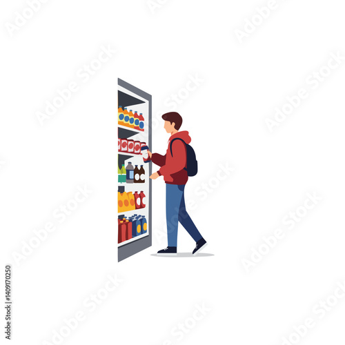 Man Getting Drink from Supermarket Refrigerator Illustration

