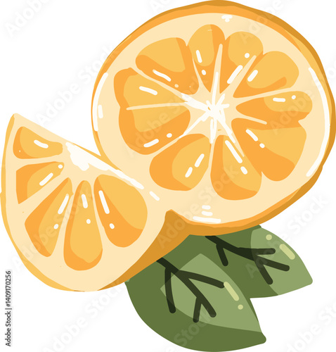 Orange cut in half with a slice and green leaves.
