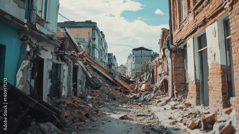 A strong earthquake shaking a city center. Featuring falling bricks and damaged infrastructure A strong earthquake shaking a city center. Featuring falling bricks and damaged infrastructure